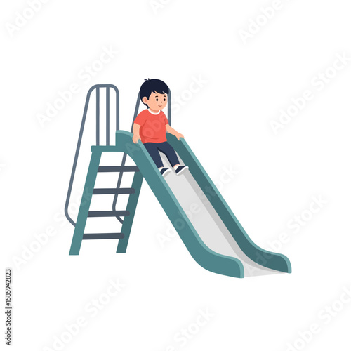A young boy is sitting at the top of a slide, ready to go down.