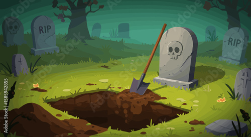 Cartoon halloween graveyard scene with open grave and spooky atmosphere