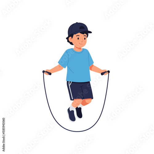 A young boy in a blue shirt and dark shorts is jumping rope.