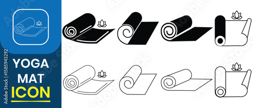 Yoga mat icon set. Silhouette yoga mat icon, logo, design, symbol. Carpet roll vector symbol. Fabric rug, exercise floor Pilates mat sign, bath towel icon. Vector illustration. 