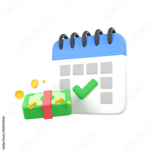 Calendar checklist with banknotes and gold coins isolated 3d render icon illustration
