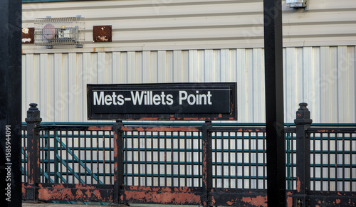 mets-willets point subway station sign on metro stop platform in flushing meadows queens new york city (train railroad travel baseball tennis) park corona