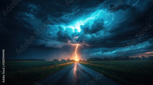 Stormy road, dramatic lightning