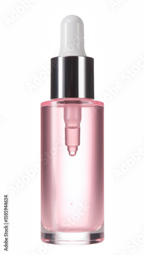 Sleek glass bottle containing pink serum with dropper cap, ideal for skincare enthusiasts seeking hydration and nourishment