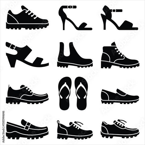 Assortment of black shoe icons shoes footwear