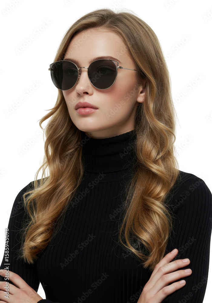 Young woman wearing round sunglasses and black turtleneck isolated on transparent background Young woman wearing round sunglasses and black turtleneck isolated on transparent background