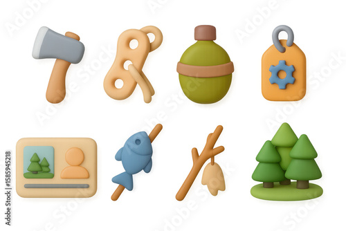 3d hiking and camping gear icons: adventure tools and nature elements