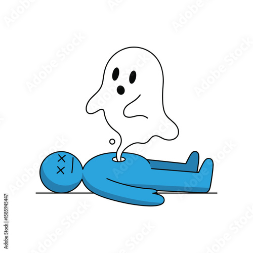 A ghost escapes from a blue human figure that has died and lying down