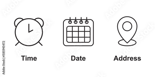 Time, date, location or place icons symbol. Time, date and address icon.  Address location pointer calendar editable vector icons set isolated on white background .  