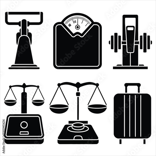 Black icons of weighing scales and luggage balance scale suitcase