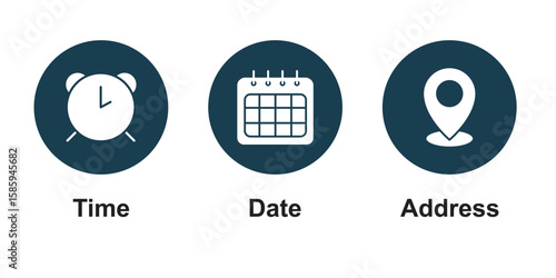 Time, date, location or place icons symbol. Time, date and address icon.  Address location pointer calendar editable vector icons set isolated on white background .  