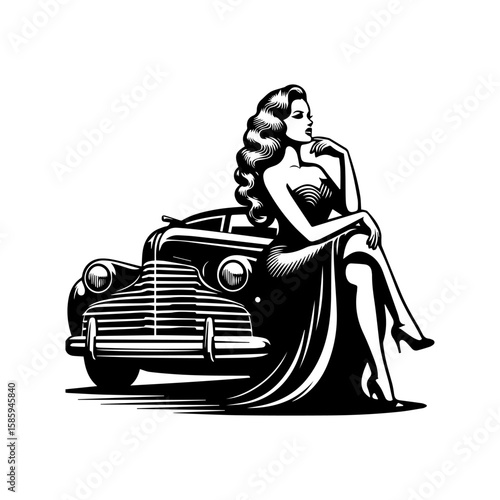 Vintage Woman in Elegant Dress Beside Classic Car.