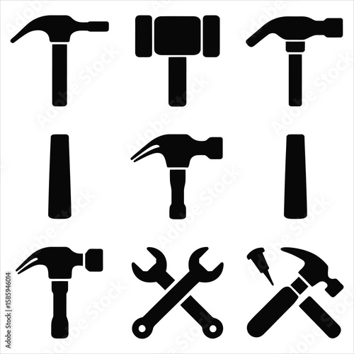 Black tool icons including hammers wrenches and a nail claw hammer ball-peen hammer