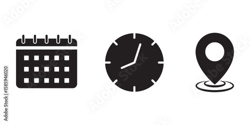Time, date and address icons set. Time, date and address line and solid icon set. Address location icon. Stopwatch timer icon. Date Calendar icon.  