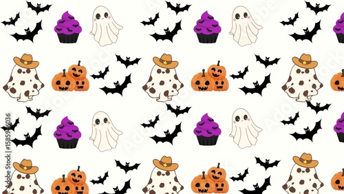 Cute Halloween Wallpaper Ghosts, Pumpkins, Cupcakes Bats,This adorable Halloween pattern desktop wallpaper adds a playful and festive touch to your screen The seamless design features charming cartoon