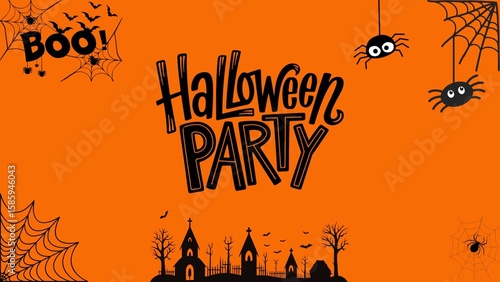 Halloween Party Invitation Poster with Orange Background, Bright orange Halloween party poster with bold spooky text, perfect for invitations, flyers, or festive seasonal promotions