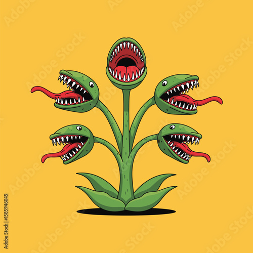 Grotesque carnivorous plant with multiple fanged heads and tongues