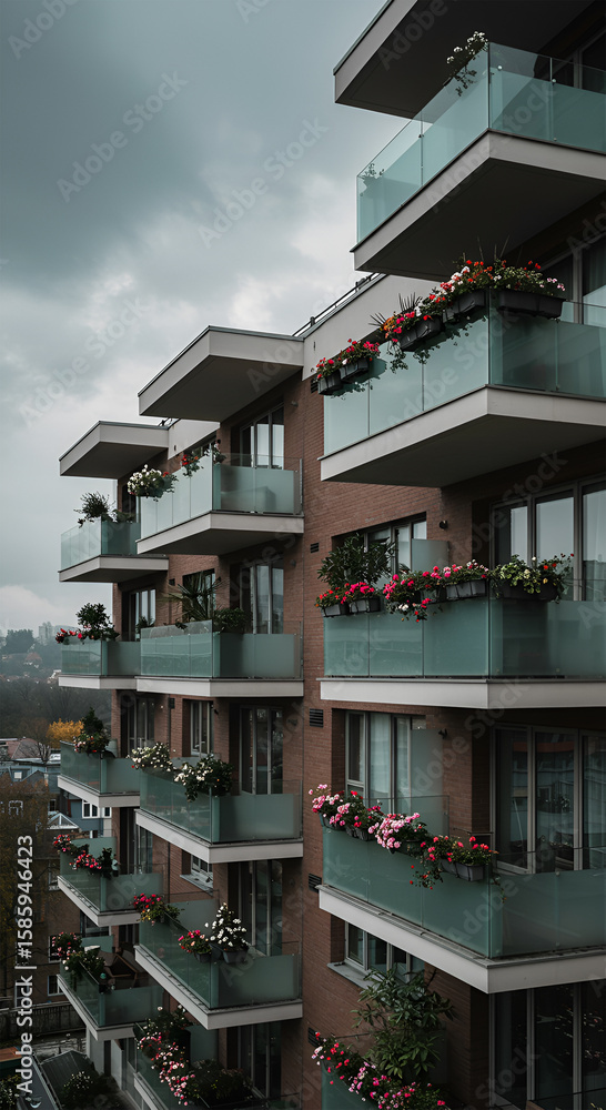 Fototapeta premium Modern apartment building with numerous balconies adorned with vibrant flower boxes under a cloudy sky.