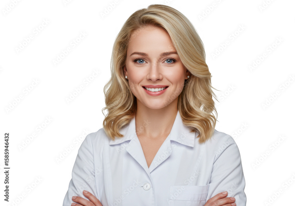 Smiling female doctor wearing white lab coat isolated on transparent background Smiling female doctor wearing white lab coat isolated on transparent background