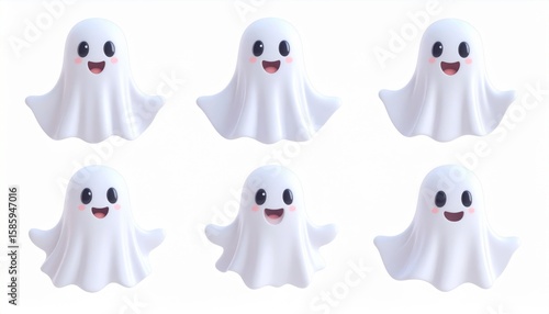 Six Cute White Ghost 3D Illustration