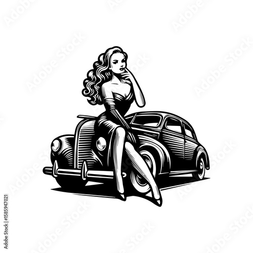 Vintage Pin-up Girl Posing on a Classic Car.