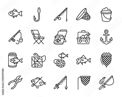 Fishing Vector Icon Set - Fish, Hook, Bait, Rod, Tackle, Fishing Net, Boots, Bucket, Catch - Adjustable Line Weight