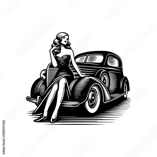 Vintage Woman and Classic Car in Elegant Silhouette.
