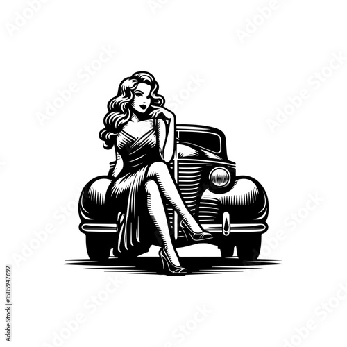 Vintage Pinup Girl Posing Gracefully on Classic Car.