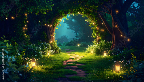 Fototapeta Naklejka Na Ścianę i Meble -  Enchanted Forest Path at Night with Glowing Lights