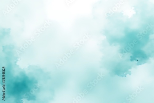 Soft teal watercolor clouds on a bright white background abstract blue