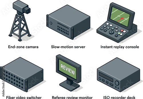 Sports broadcast equipment: camera, server, console, switcher, monitor, recorder