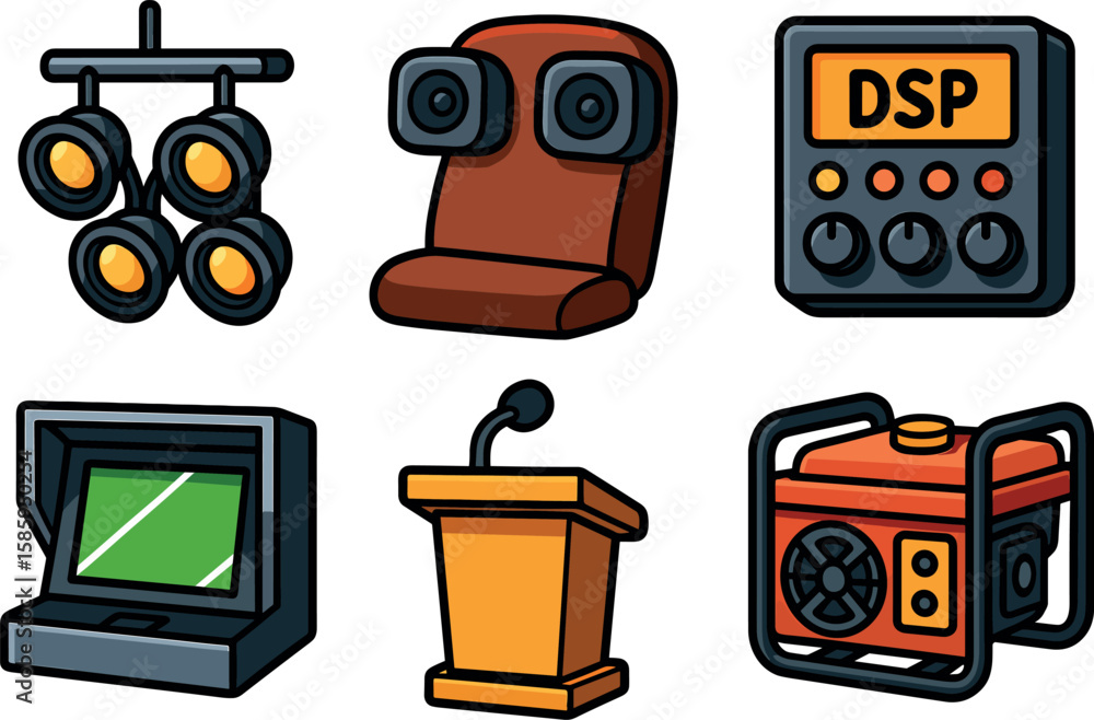 Naklejka premium Cartoon icons set featuring traffic light, car seat, dsp module, atm, podium, and generator
