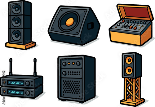 Audio equipment icons set: speakers, amplifier, and sound mixer
