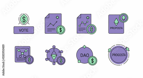 Collection of light purple and mint green icons representing elements of decentralized autonomous organizations (DAOs), including voting, proposals, and financial data.