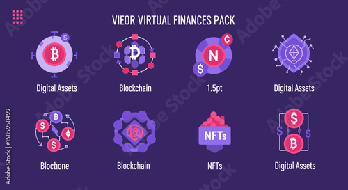 A set of colorful icons representing various virtual finance concepts, including digital assets, blockchain, and NFTs.
