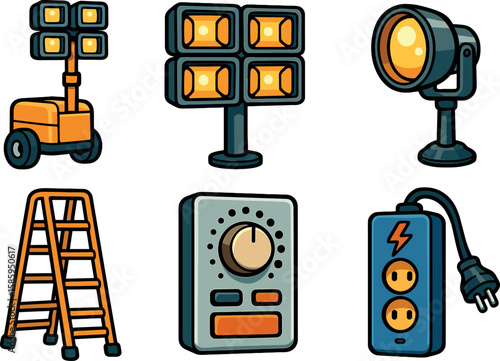 Cartoon construction equipment with tools and lighting devices illustration