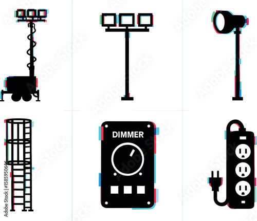 Industrial lighting equipment and tools silhouettes with multicolor glitch effect
