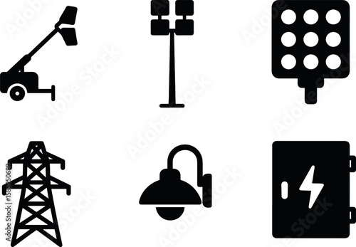 Black silhouette icons of power tools and equipment