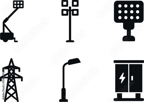 Electrical equipment icons - light tower, floodlight, transmission tower, streetlight, transformer
