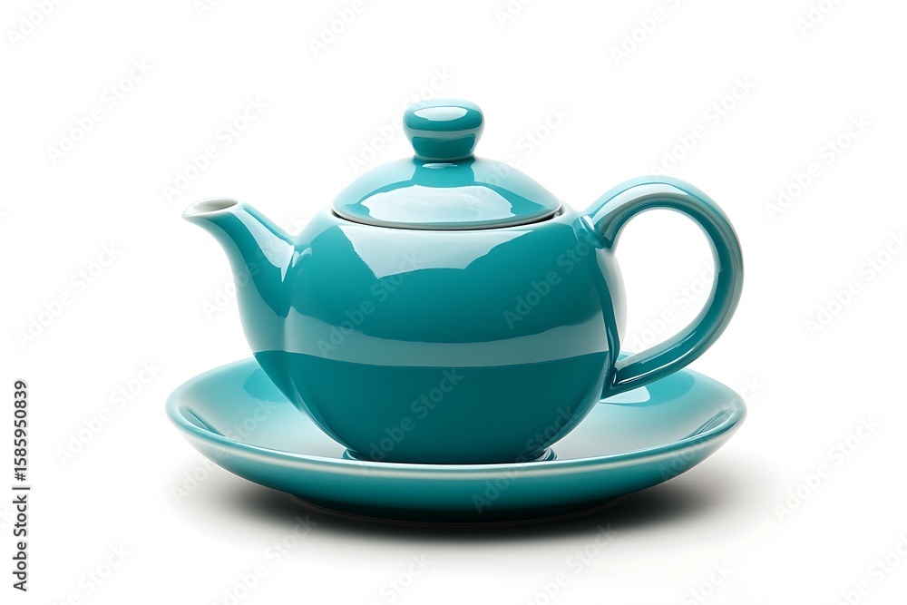 Elegant turquoise teapot with saucer on white background for tea time and relaxation Elegant turquoise teapot with saucer on white background for tea time and relaxation
