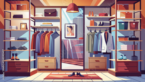 Stylish walk-in closet with hanging clothes, drawers, shoe shelves, and mirror, isolated on white background. Luxury wardrobe room. Vector illustration