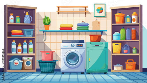 Realistic laundry room with front-load washer and dryer, shelves with detergent, laundry basket, isolated on white. Clean and organized utility space. Vector illustration