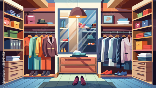 Stylish walk-in closet with hanging clothes, drawers, shoe shelves, and mirror, isolated on white background. Luxury wardrobe room. Vector illustration