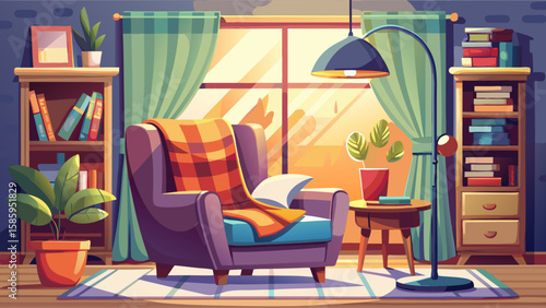 Elegant reading nook by a window with comfy armchair, throw blanket, side table, and floor lamp, isolated on white background. Cozy home detail. Vector illustration