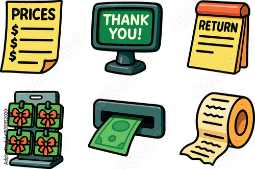 Cartoon shopping symbols collection: prices, thank you, return, gift cards, cash, receipt