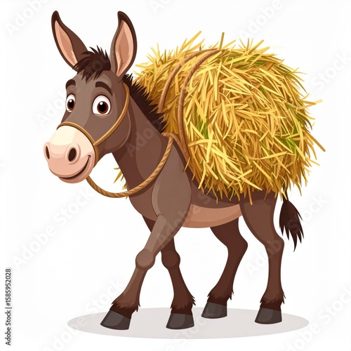 Cartoon Donkey Carrying Hay Bale On White Background