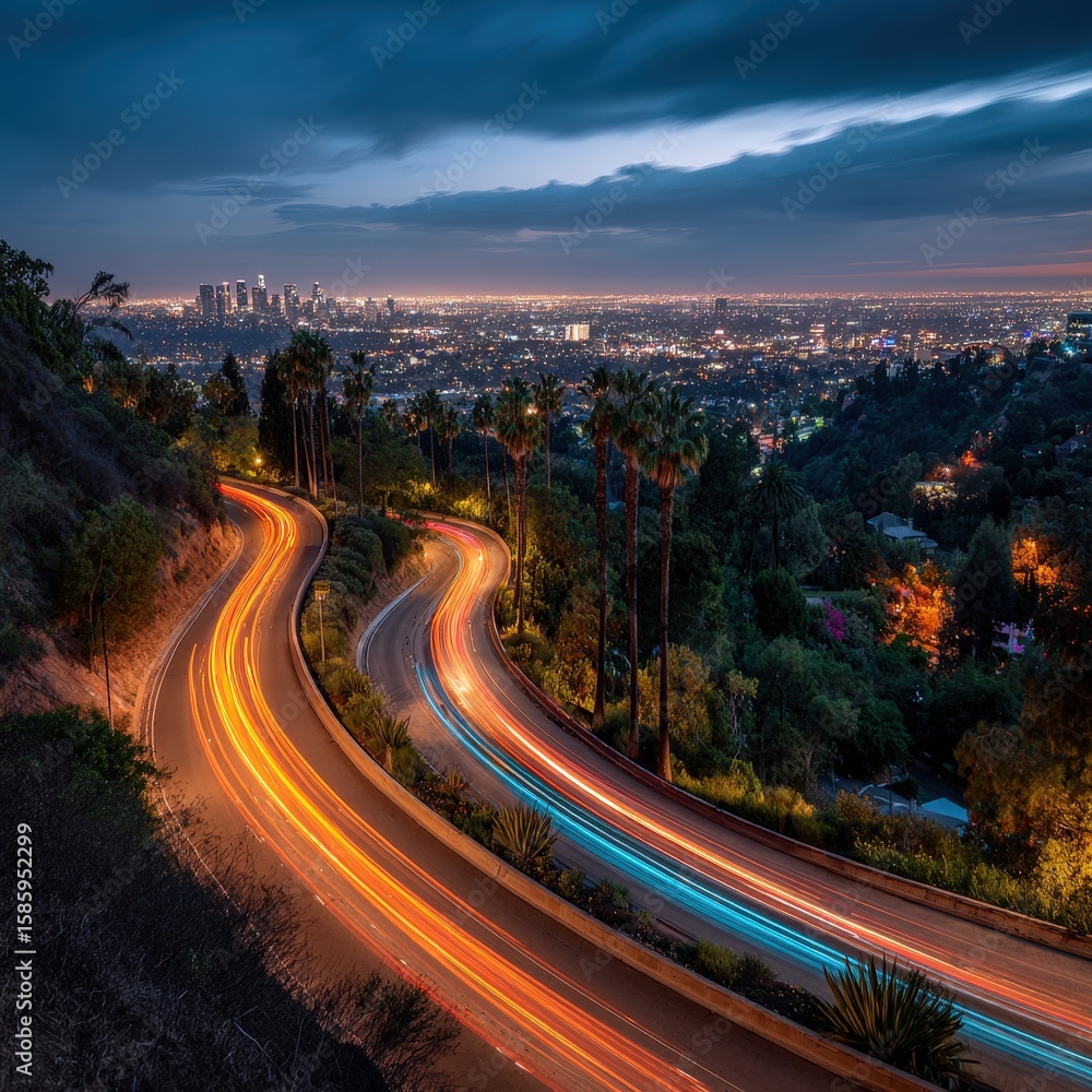 Fototapeta premium A winding road with light trails winds through a hillside overlooking a sprawling cityscape at dusk, showcasing urban vibrancy and natural surroundings.