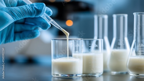 Scientist analyzing milk fat levels with pipette and labeled beakers in a clean food safety lab