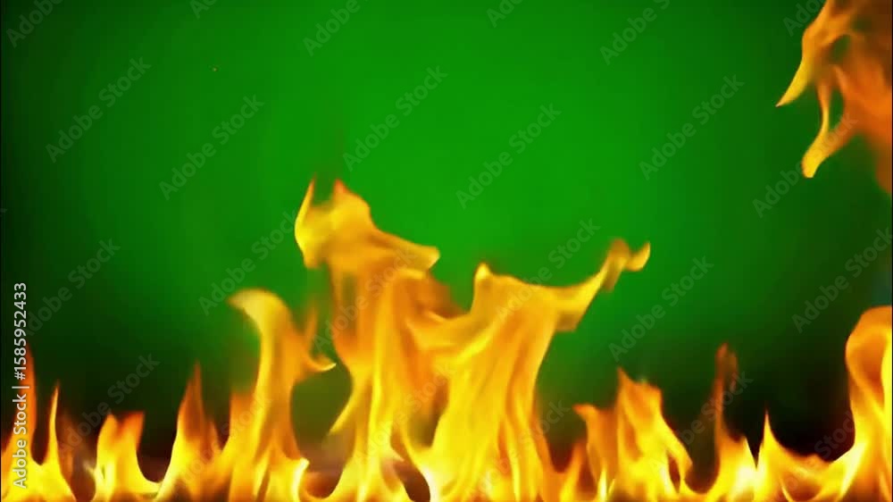 High-energy fire animation with blazing orange and red tones, isolated on a green screen, ready for use in trailers, intros, or game footage. Frame template, chroma key, and mockup.