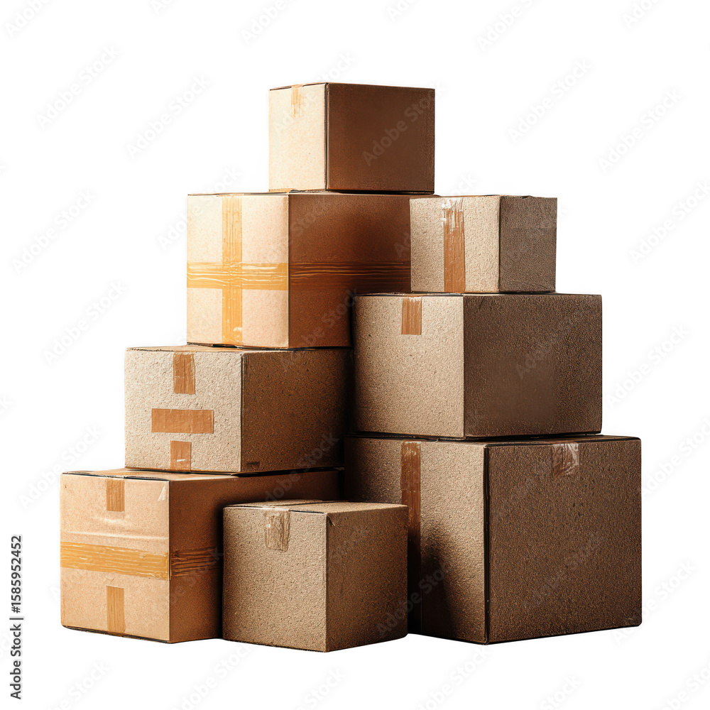 Obraz premium A dense stack of brown cardboard boxes of various sizes, secured with tape isolated on transparent background